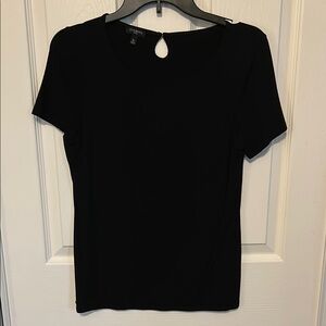 TALBOTS Black Lined Short Sleeve T-Shirt Keyhole Button & Loop Closure Back